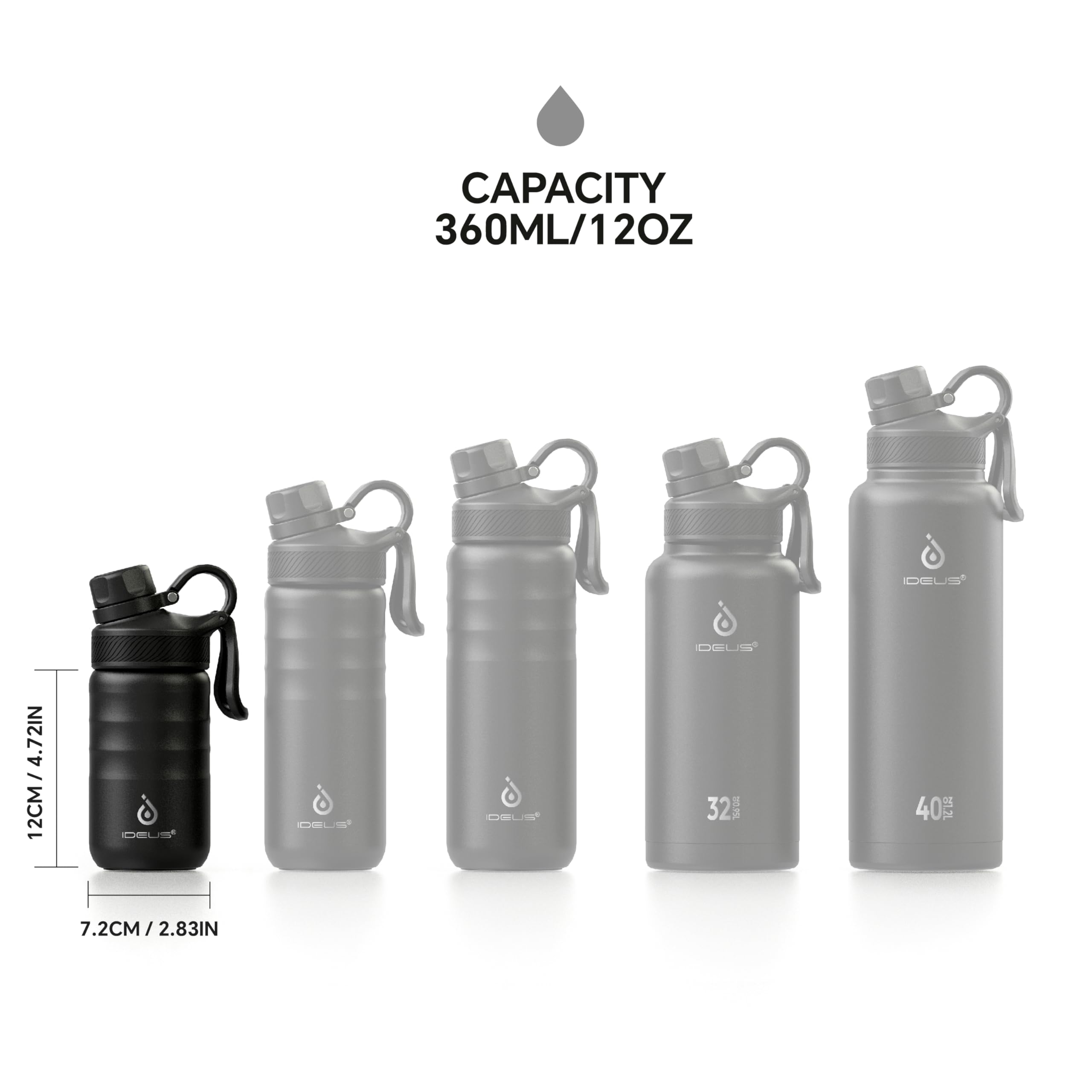 IDEUS Insulated Water Bottle 12oz, Stainless Steel Insulated Water Bottle For School, Insulated Bottles With Straws Leakproof, Vacuum Double Wall Water Bottles For Boys And Girls With 2 Lids, BPA Free