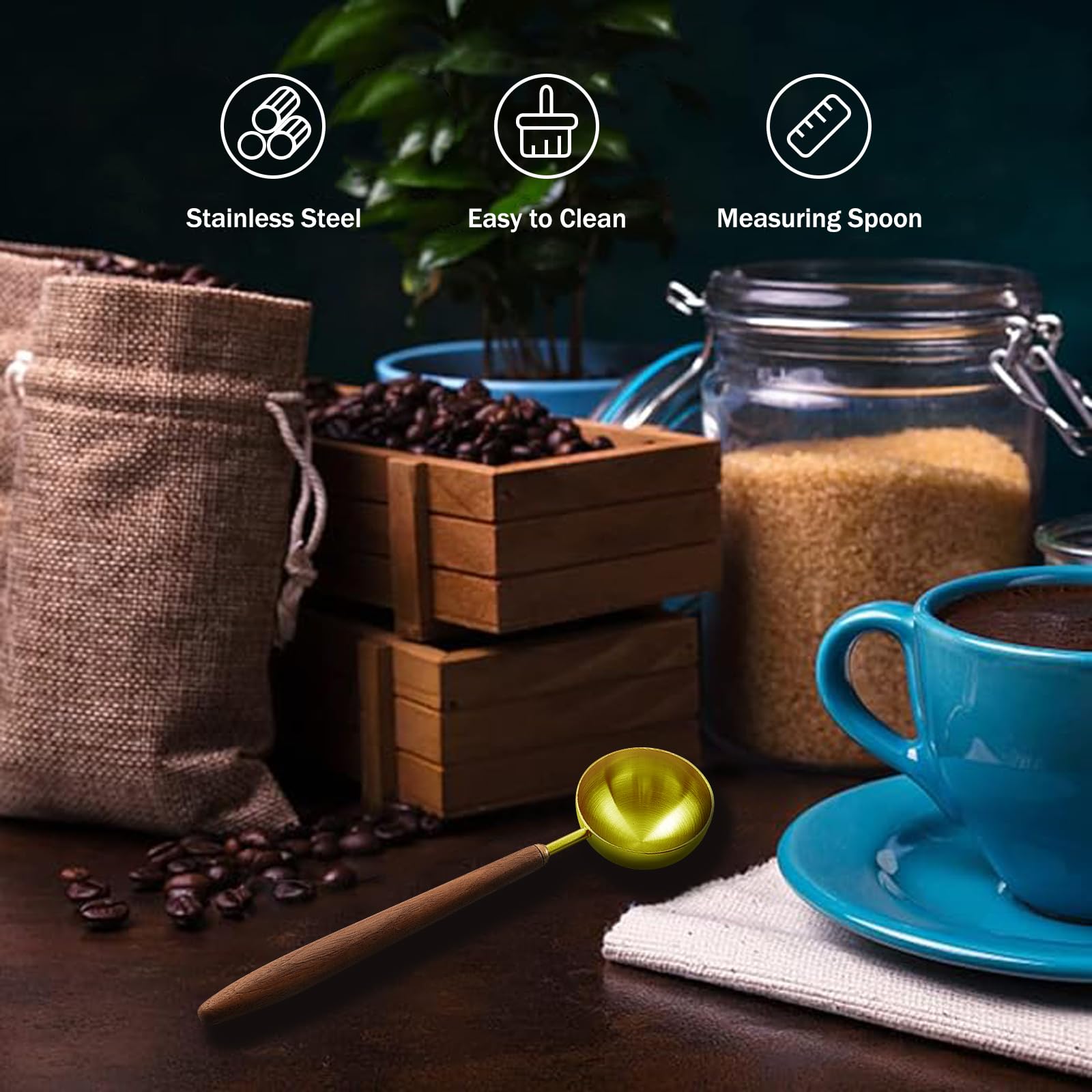 Gonzone Coffee Spoon - Vintage Walnut Wood Handle, Stainless Steel Coffee Scoop ，Stainless Steel Tea Scoopand Seasoning Spoons (1, Gold, 5g Capacity)