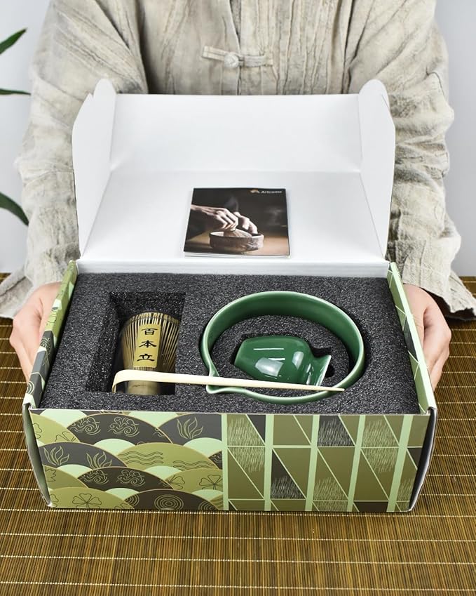 Artcome Premium Matcha Tea Set - 18.6oz Ceramic Bowl with Spout, Bamboo Whisk, Scoop, Whisk Holder & Brewing Guide - Perfect for Traditional Japanese Tea Ceremony
