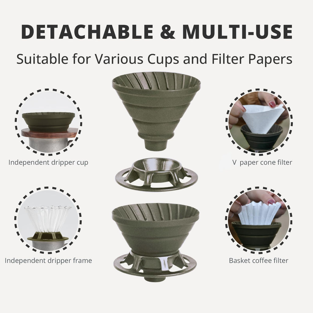 VANDROOP Collapsible Coffee Dripper, Silicone Reusable Coffee Filter Holder, Pour Over Coffee Dripper for Camping, Business Trip, Single Pour Over Coffee Maker (Green)