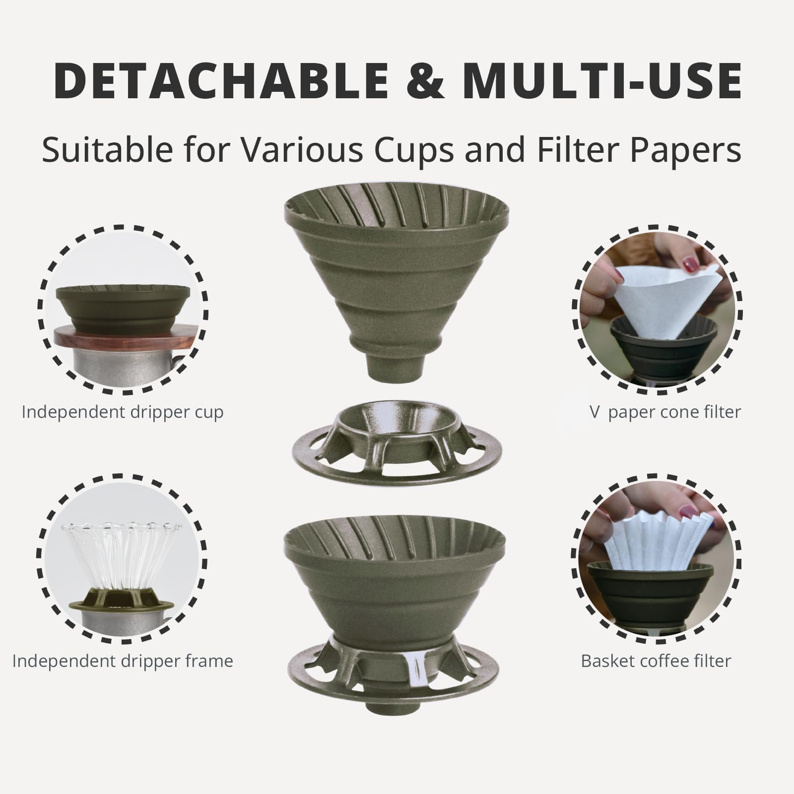 VANDROOP Collapsible Coffee Dripper, Silicone Reusable Coffee Filter Holder, Pour Over Coffee Dripper for Camping, Business Trip, Single Pour Over Coffee Maker (Green)