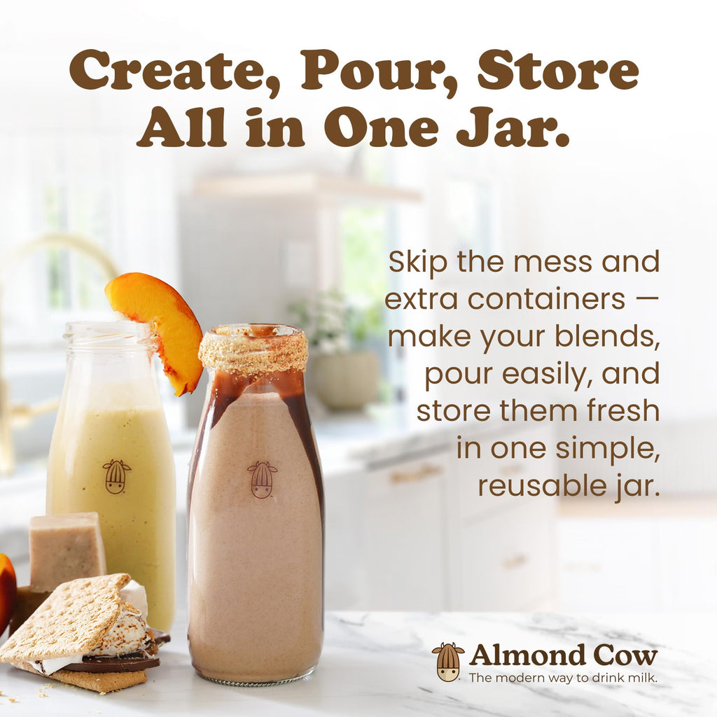 Almond Cow 300ml Glass Jar with Rust-Resistant Aluminum Cap - Reusable, Eco-Friendly Storage for Plant-Based Milk, Creamers, Wellness Shots, and Ingredients - Minimalist, Vintage-Inspired Design