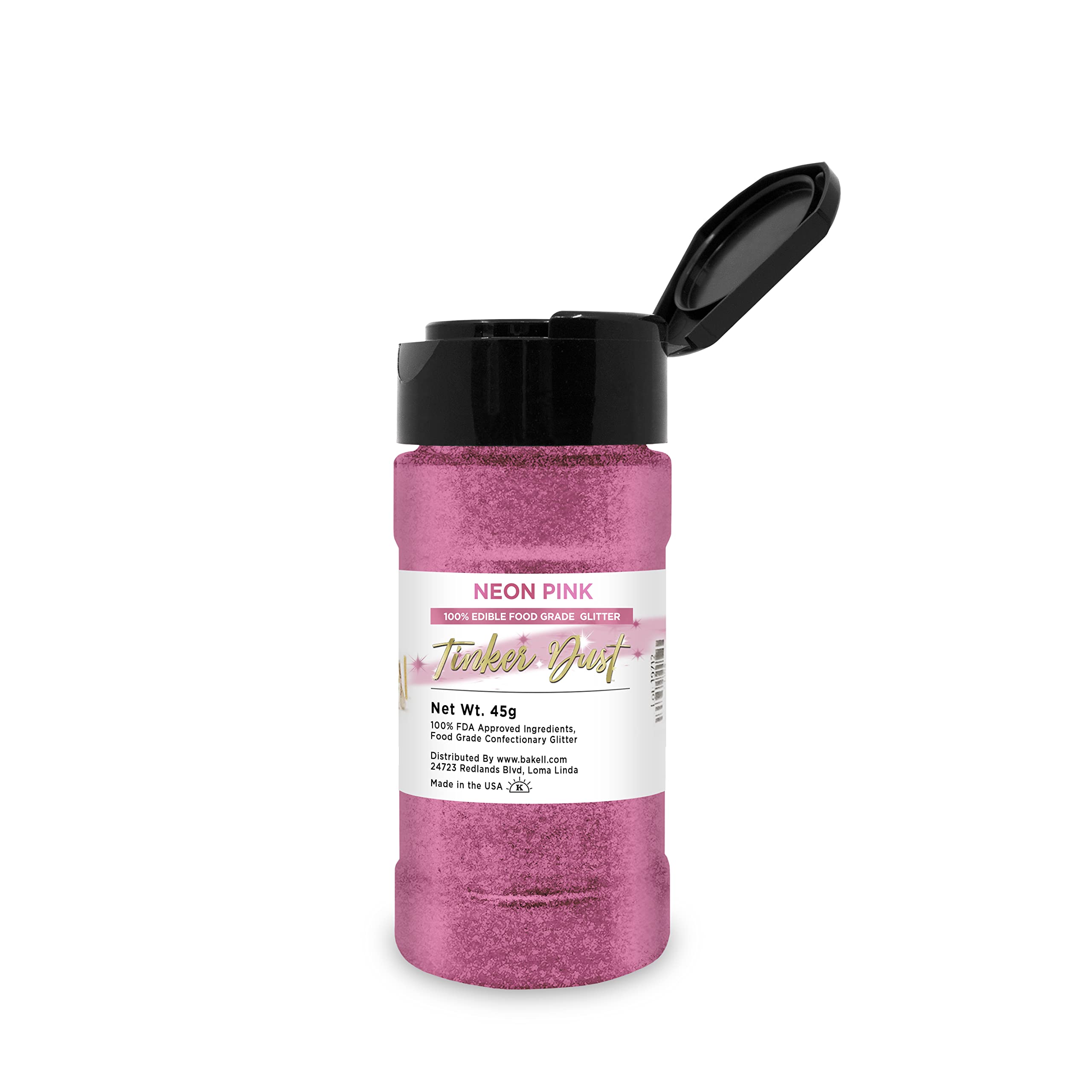 Neon Pink BAKELL Edible Glitter, 45 Grams | TINKER DUST Edible Glitter | KOSHER Certified | 100% Edible Glitter | Cakes, Cupcakes, Cake Pops, Drinks, Dessert Vegan Glitter & Dusts (45g Shaker, Neon Pink)