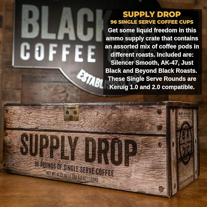 Black Rifle Coffee Company Supply Drop Variety Pack (96 Count of K Cups) - Silencer Smooth (Light), AK-47 (Medium), Just Black (Medium) & BeyondBlack (Dark Roast) - K Cups Coffee Variety Pack