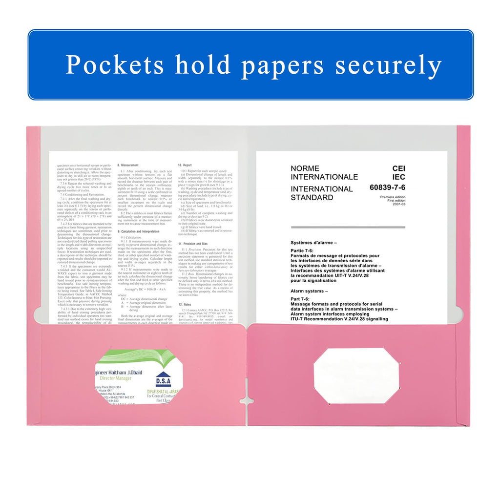 Zzrywuty File folders with Pockets,Pink Two folders for documents,25 Pack Paper Folders with Card Slot,Letter Size,School Students,Business,Home and Office Workers