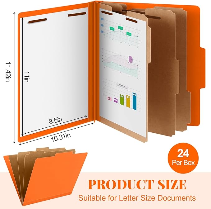 24 Pcs Classification Folders Letter Size, Back to School Supply for Teacher, Student, 3 Dividers Pressboard File Folder Bulk with 2 Fasteners, 3.5 Inch Expanding File Organizer (Orange)