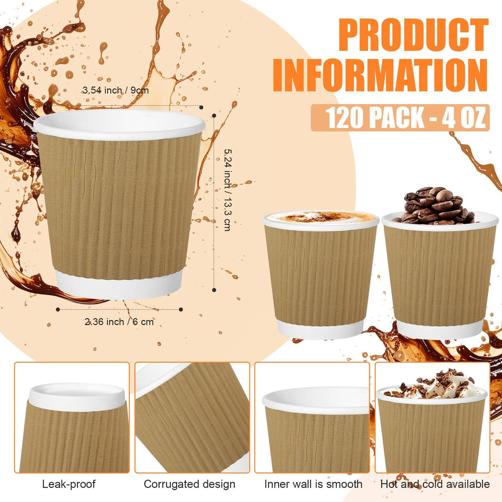 RXLWYUNLAE 120 Pack Paper Espresso Coffee Cups, 4 oz Disposable Coffee Cups,Corrugated Insulated Ripple Wall, Paper Ripple Cup for Coffee, Hot Chocolate and Hot Tea Drinks -Champagne