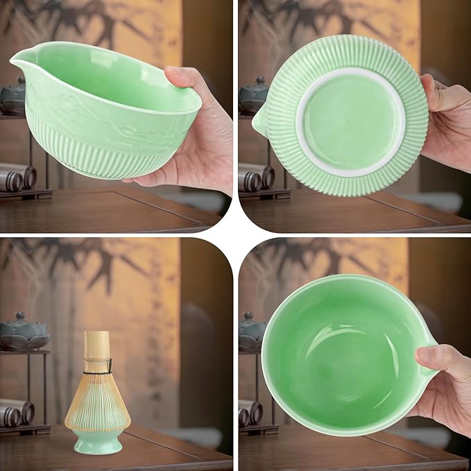 PHILORN Matcha Whisk Set 9Pcs Ceramic Matcha Kit Matcha Bowl with Spout, Whisk, Holder, Bamboo Scoop, Scoop Rest, Sifter and Tea Towe for Matcha Lover and Tea Ceremony (Cyan)