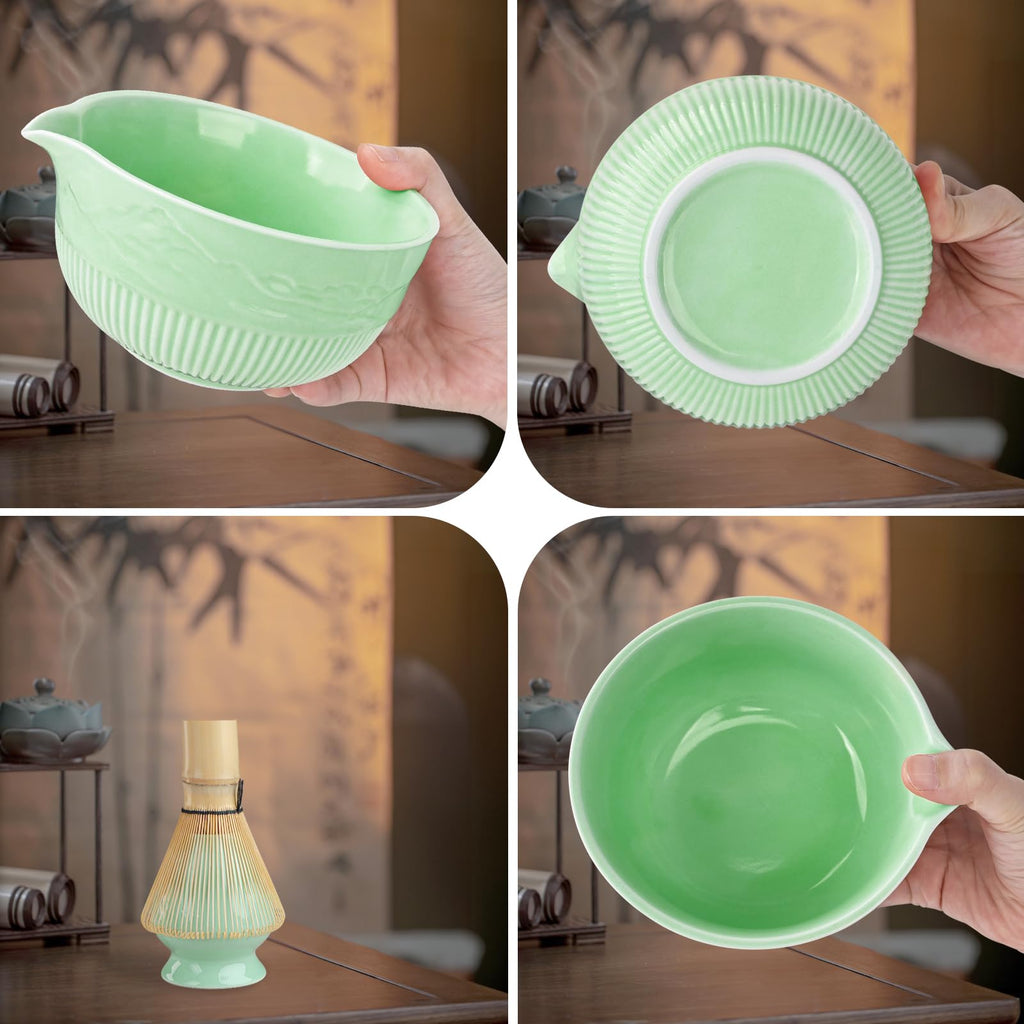 PHILORN Matcha Whisk Set, 9Pcs Ceramic Macha Kit, Matcha Set Whisk and Bowl with Spout, Whisks, Holder, Bamboo Scoop, Scoop Rest, Sifter and Tea Towel for Macha Lover (Cyan)