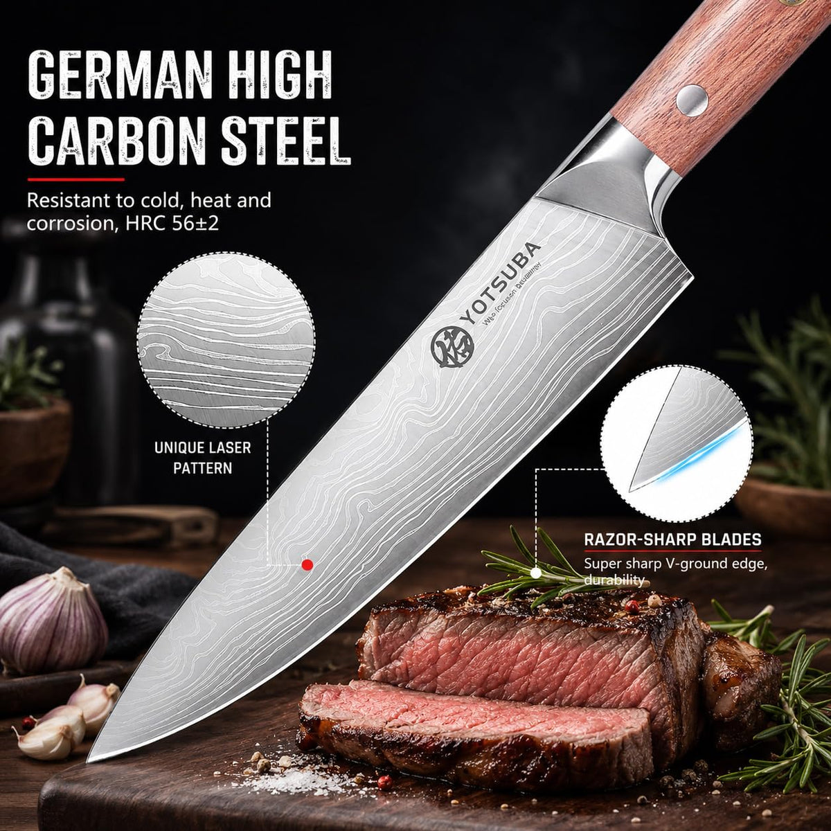 YOTSUBA 8 PCS Japanese Kitchen Knife Set with Block, Ultra Sharp Knives Set