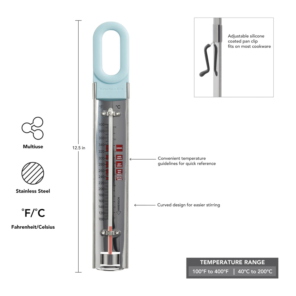 KitchenAid KQ907MW Curved Candy, Deep Fry and Craft Thermometer, Adjustable Silicone Coated Pan Clip, Mineral Water Handle