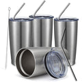 COMOOO 20oz Stainless Steel Tumbler Bulk Double Wall Vacuum Coffee Cup Insulated Travel Mug with Lid and Straw Durable Powder Coated Insulated Coffee Cup for Cold & Hot Drinks (silver, 4 pack