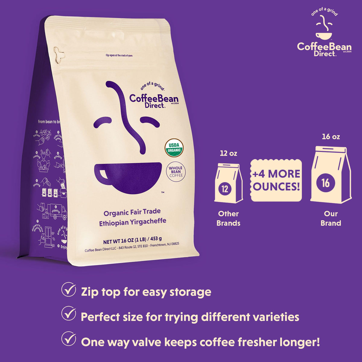 Coffee Bean Direct Organic Fair Trade Ethiopian Yirgacheffe, 1lb Bag