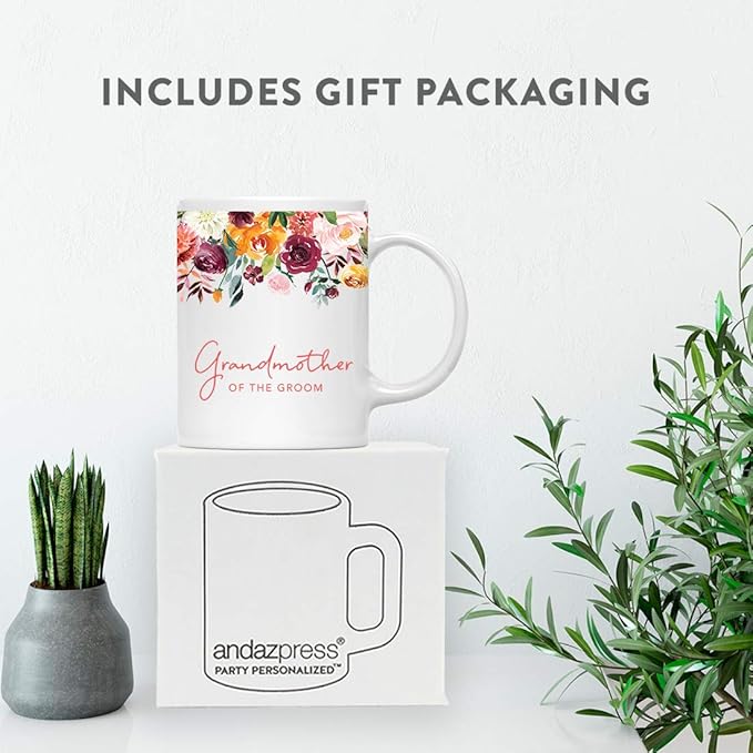 Andaz Press 11oz. Wedding Ceramic Coffee Tea Mug Gift, Fall Autumn Burgundy Orange Peach Flowers Roses Florals, Grandmother of the Groom, 1-Pack, Includes Gift Box