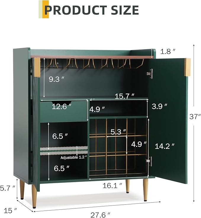 Wine Bar Cabinet Sideboard Buffet Cabinet with Wine Rack & Coffee Bar Station - Adjustable Shelves, Glass Holder and Storage Drawers for Kitchen, Dining Room, Living Room Green