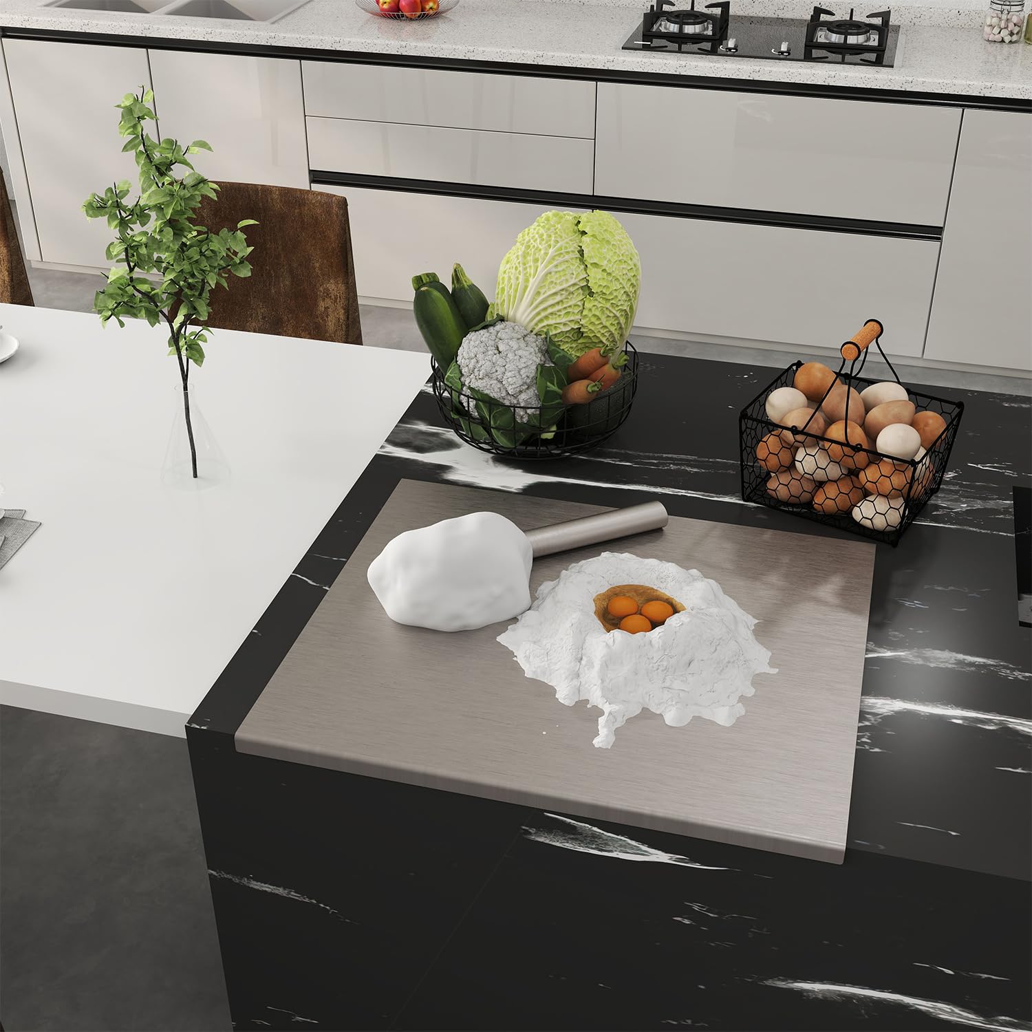 Stainless Cutting Boards for Kitchen, Chopping Board with Lip & Rolling Pin