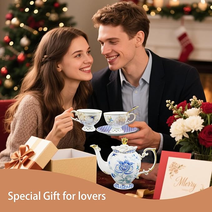 ACMLIFE Tea Set for Adults- Fine China Tea Set for 6, 21-Piece Vintage Coffee Set English Porcelain Tea Pot Sets for Adult Tea Party for Women Gift (blue, Extra Large set 21)