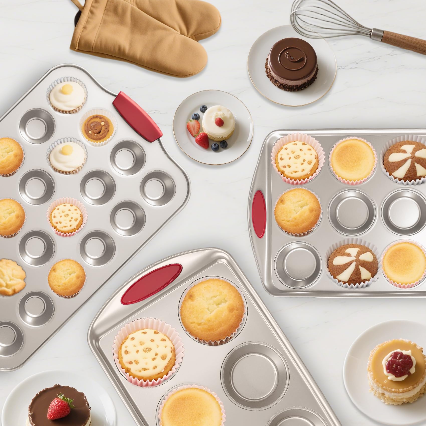 Shinsin 24 Cup Mini Cupcake Pan with Silicone Handles, Non-Stick Mini Muffin Pan, Baking Molds for Mini Cupcakes, Muffins, Quiches, Carbon Steel Mini Baking Pan, Dishwasher Safe (2 Pack)