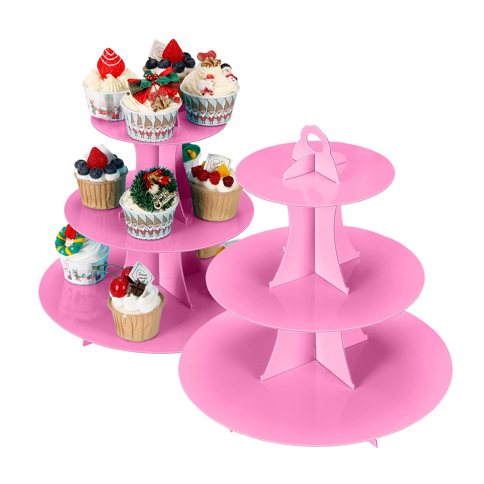 YLDW Cupcake Stand 2Pcs, 3-Tier Cupcake Stand Display, Cardboard Cup Cake Tower Stand, Disposable Dessert Stand for Birthday Tea Party Baby Shower Treat Decorations, Pink