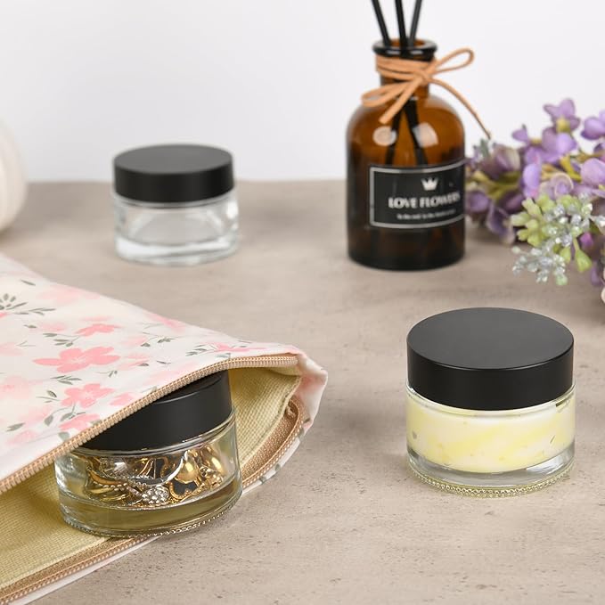 Glass Jars with Lids,Eco-Friendly Cosmetic Containers with Airtight Black Lids & Liners, Multi-Color Options for Cream, Lotion, Body Butter, DIY Skincare Travel Jars (Clear, 2oz)