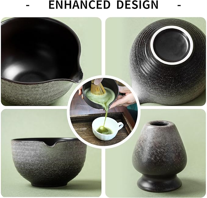 Matcha Whisk Set,Matcha Set Includes Ceramic Bowl with Spout,Stainless Sifter,Scoop,Whisk and Holder,Complete 5 Pcs Japanese Matcha Kit Making Tools,White