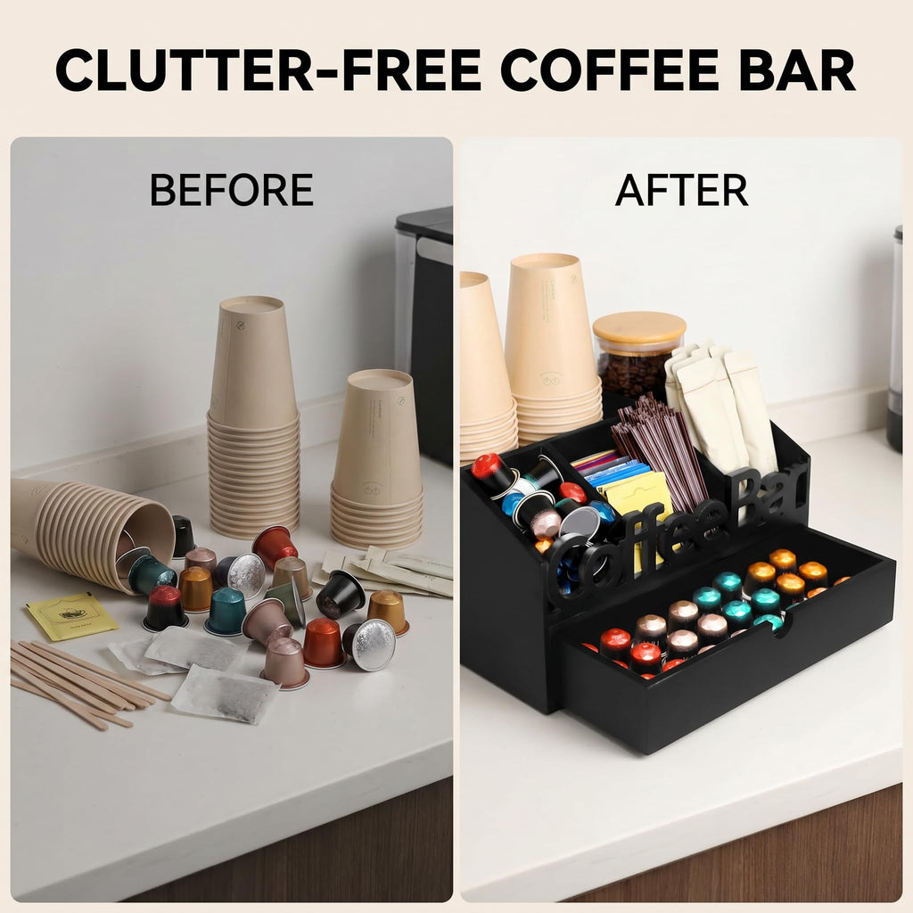 Coffee Bar Organizer Countertop, Wooden Coffee Station with Black Drawer