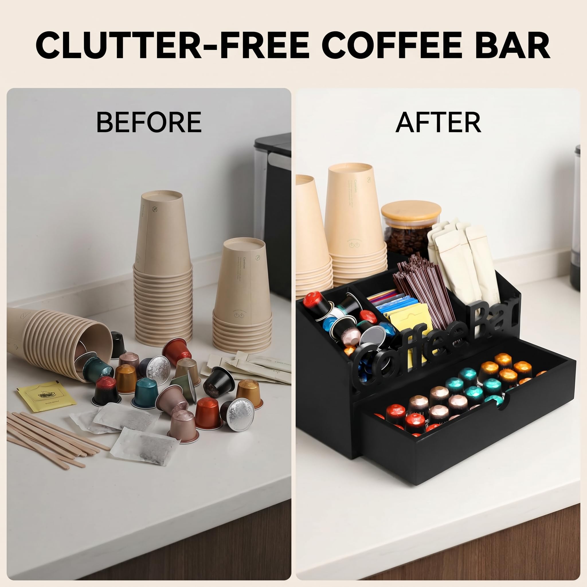 Coffee Bar Organizer Countertop, Wooden Coffee Station with Black Drawer