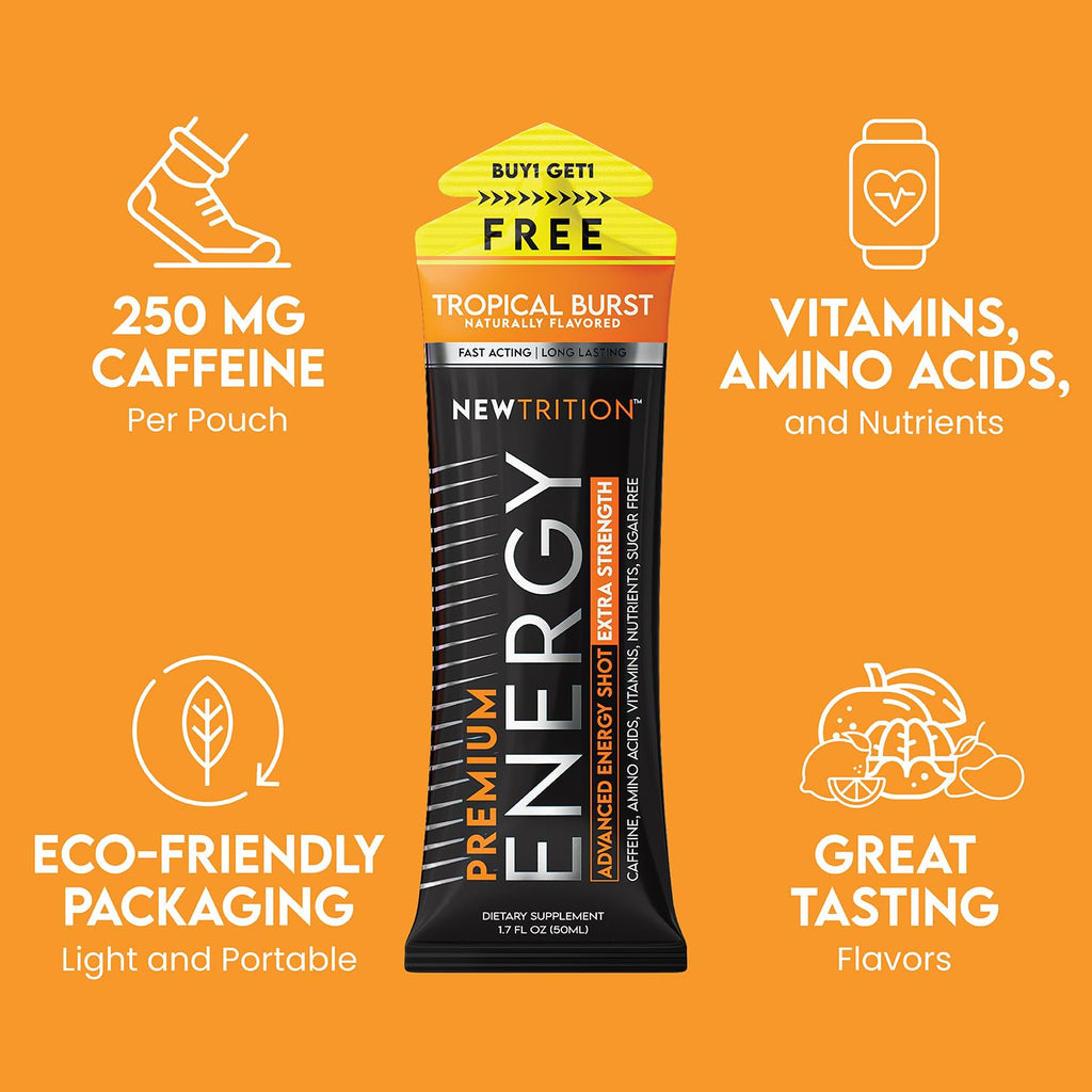 NewTrition® Extra Strength Energy Shots, 1.7 fl oz - 250mg Caffeine with Vitamin B & Amino Acids, Sugar-Free, Zero Calorie Vitamin Energy Drink for Focus & Endurance (Pack of 6, Tropical Burst)