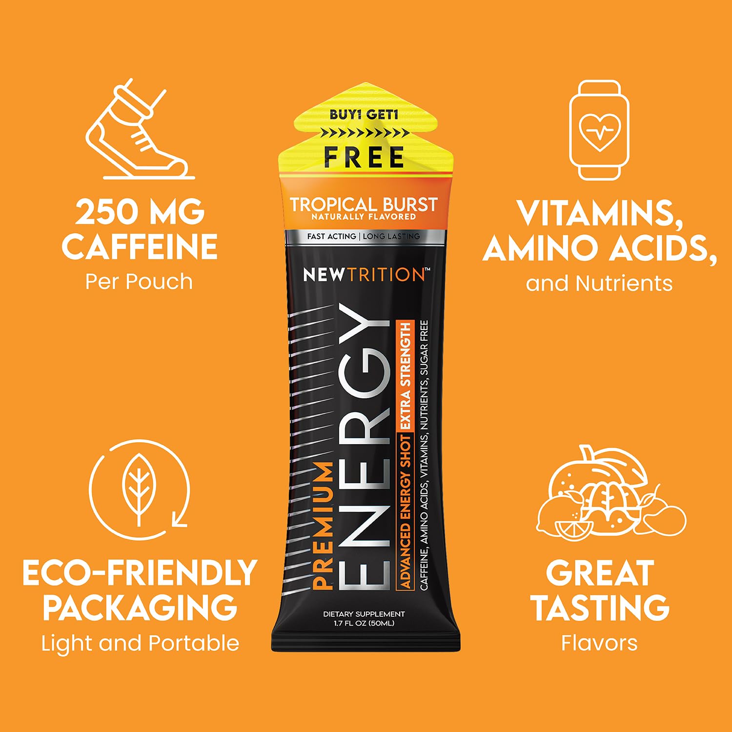 NewTrition® Extra Strength Energy Shots, 1.7 fl oz - 250mg Caffeine with Vitamin B & Amino Acids, Sugar-Free, Zero Calorie Vitamin Energy Drink for Focus & Endurance (Pack of 6, Tropical Burst)