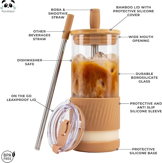 Pandaloo® Glass Cups With Lids and Straws -20 Fl Oz- Perfect Size Iced Coffee Cup - Smoothie Cup With Bamboo Lid and On the go Lid - Glass Tumbler (2 Count (Pack of 1), Amber Sand-Black Saphir)