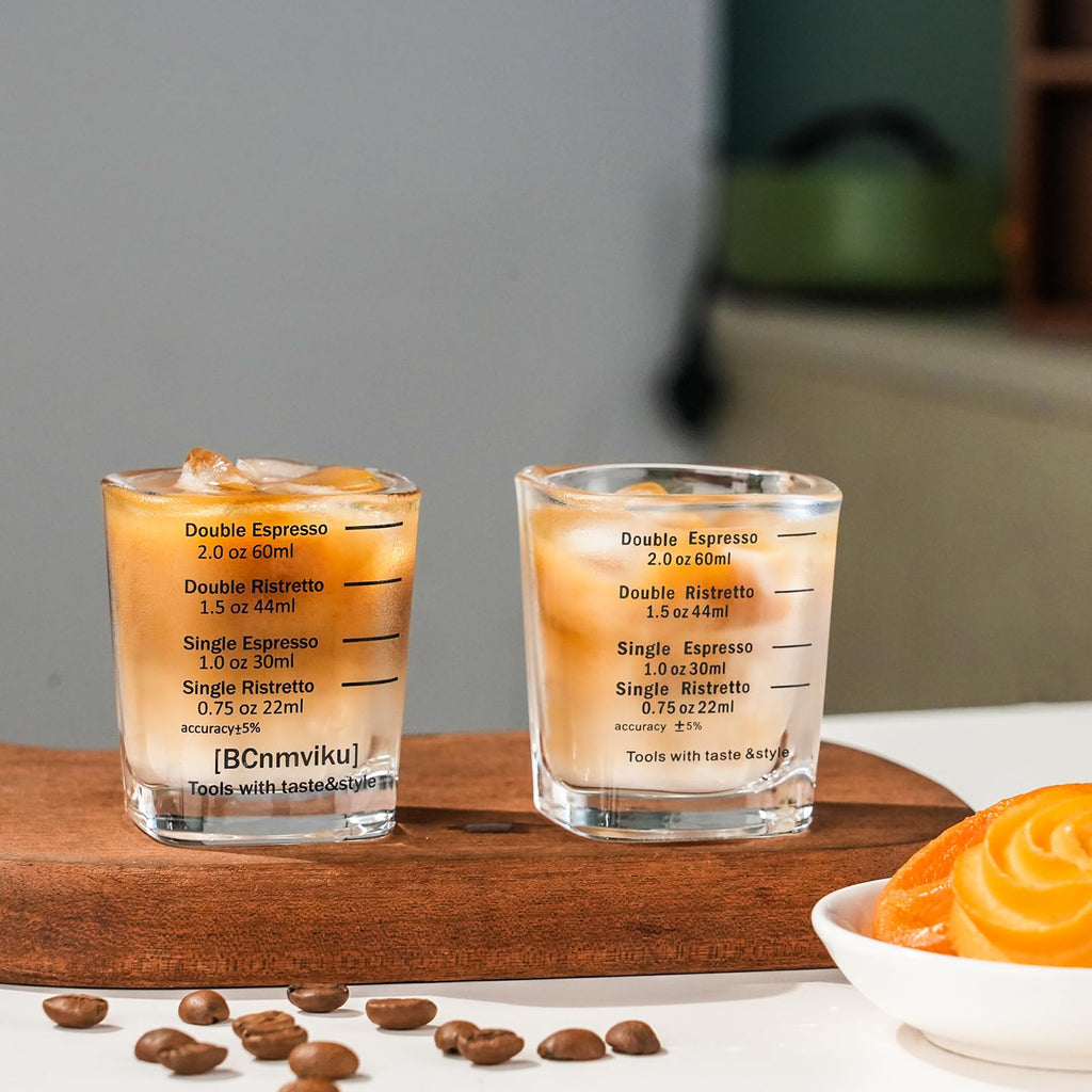 BCnmviku Espresso Shot Glasses Measuring Cup Liquid Heavy Glass for Baristas 2oz for Single Shot of Ristrettos (2 pack)