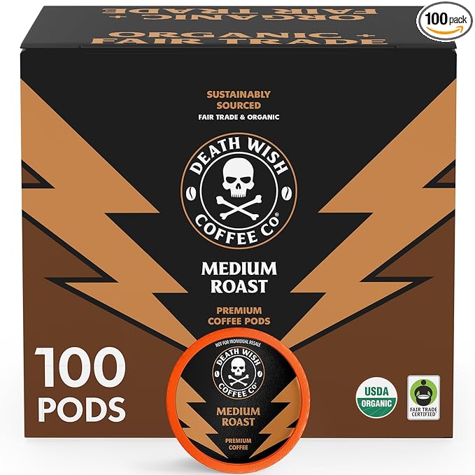 Death Wish Coffee Valhalla Java Single Serve Pods - Extra Kick of Caffeine - Medium Roast Coffee Pods - Made with USDA Certified Organic Fair Trade Arabica and Robusta Beans 10 Count (pack of 1)