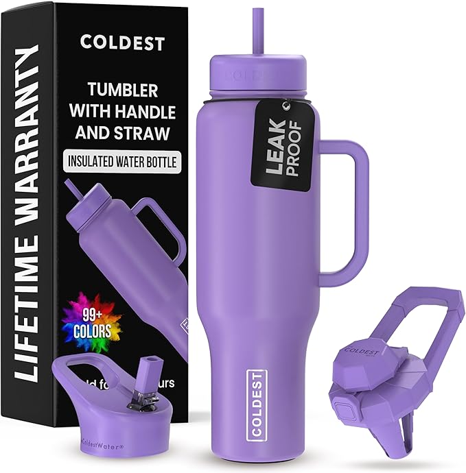 Coldest 40 oz Tumbler with Handle and Straw - 100% Leak Proof Insulated Tumbler with Lid and Straw (3 Lids) - Stainless Steel Tumblers for Women & Men - Cup Holder Friendly Base, 46 oz (Galaxy Purple)