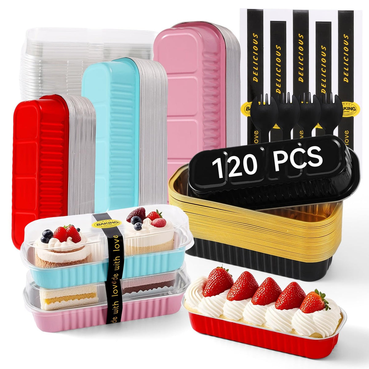 Orlashop 120 Pcs Mixed Color Mini Loaf Pans with Lids and Spoons, 6.8oz Aluminum Foil Baking Pans Versatile for Mini Cake Tins/Loaf Cakes Sturdy Mini Pans with Lids for Baking (120, mixed)