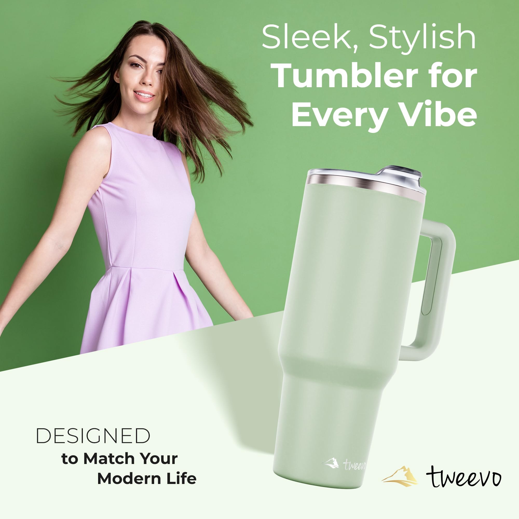 tweevo 40 oz Tumbler With Handle and Straw Made of Stainless Steel - Double Wall Vacuum Insulated Tumbler With Lid - Sweat Proof Easy Grip, BPA-Free, Dishwasher Safe Tumbler (Sea Sage)