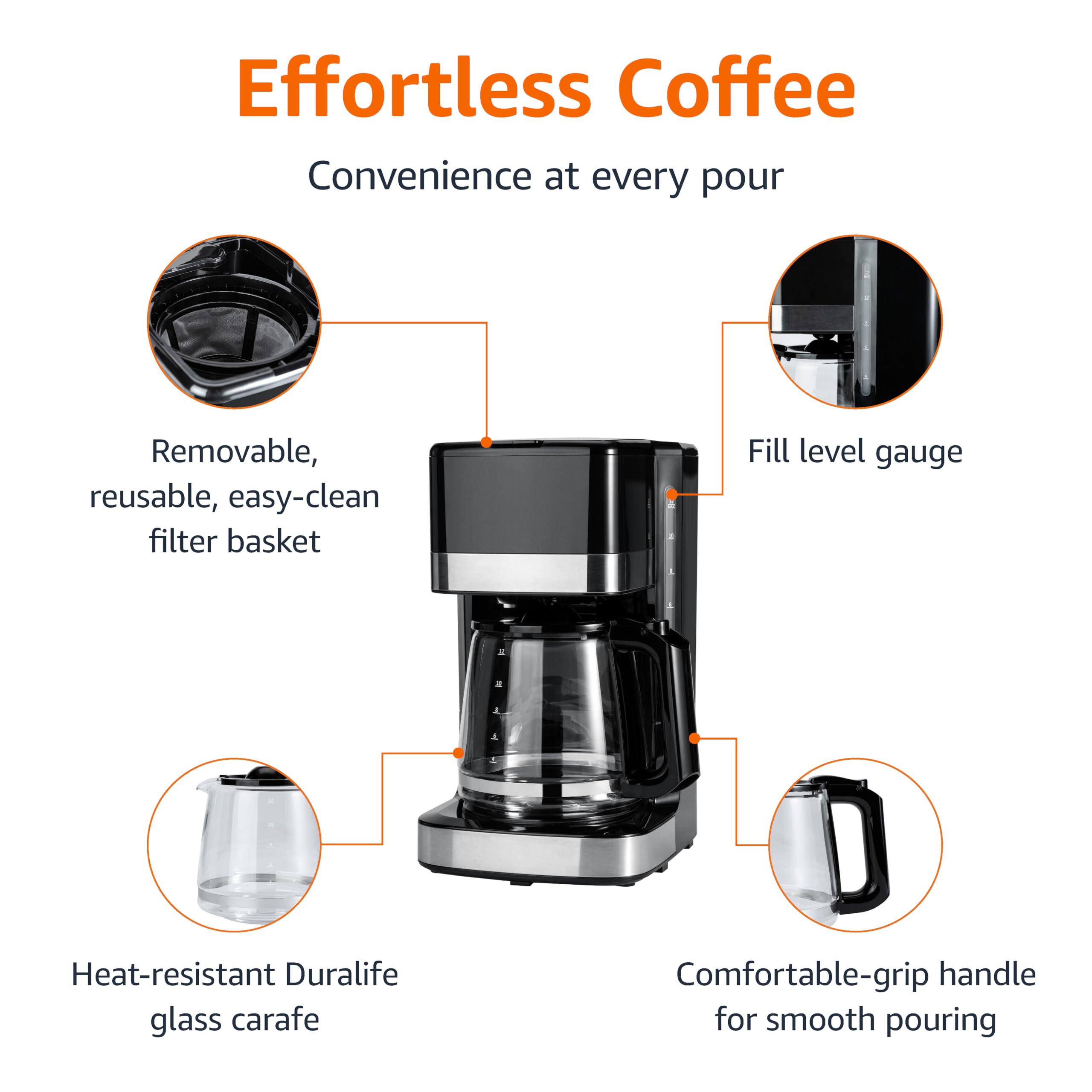 12 Cup Drip Coffee Maker with Glass Carafe (1.9 Qt), Auto Shut-off, Auto Pause, Removable Filter Basket, Black & Silver