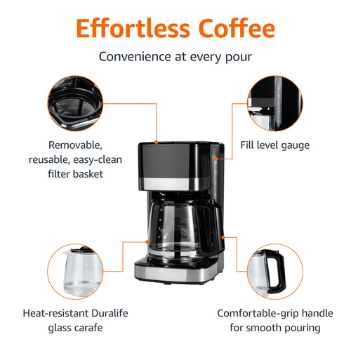 12 Cup Drip Coffee Maker with Glass Carafe (1.9 Qt), Auto Shut-off, Auto Pause, Removable Filter Basket, Black & Silver