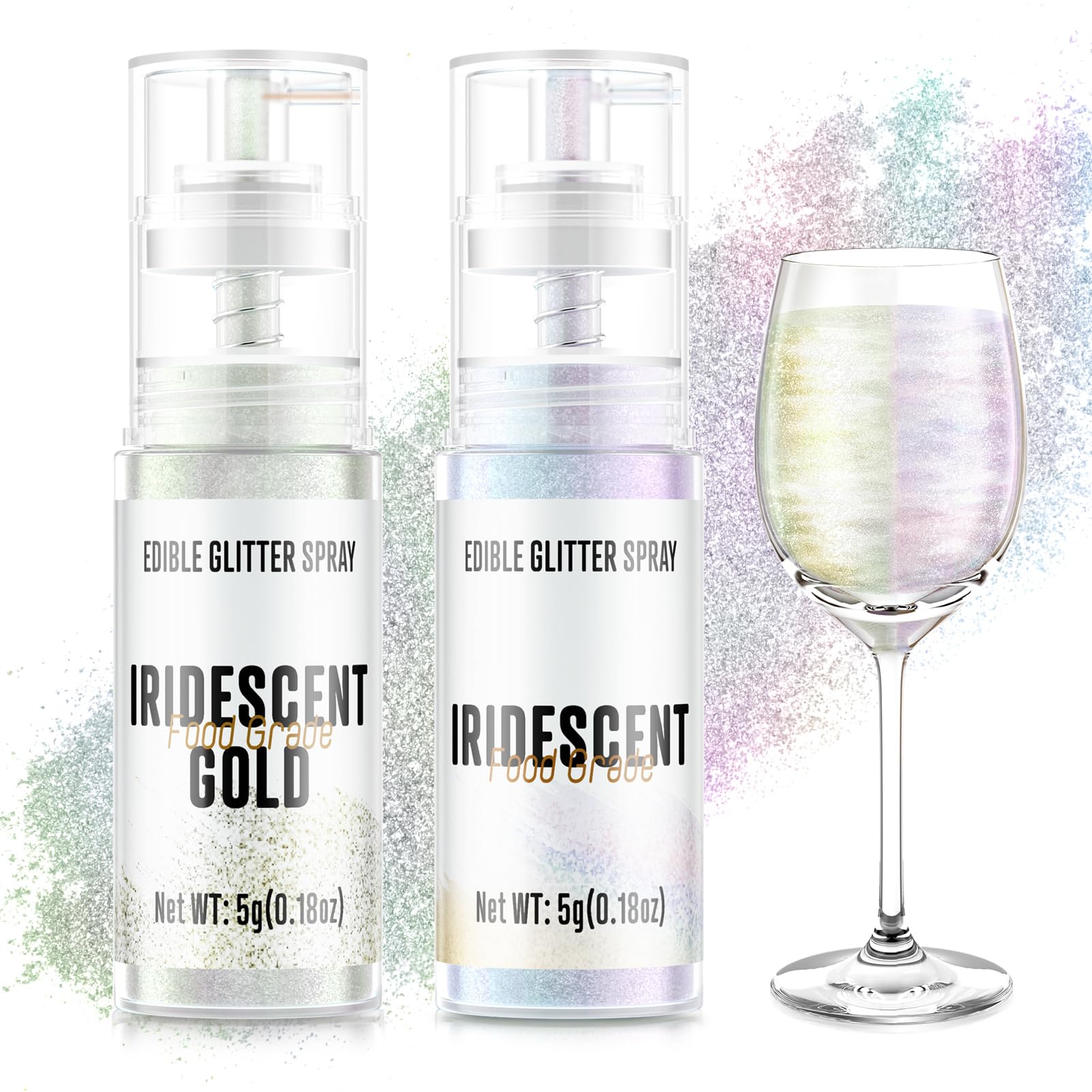Edible Glitter Spray,2 Colors Iridescent & Iridescent Gold Food Grade Edible Glitter Set for Drink Cake Beverages,Cupcakes,Cake Pops and Cookies Decorating
