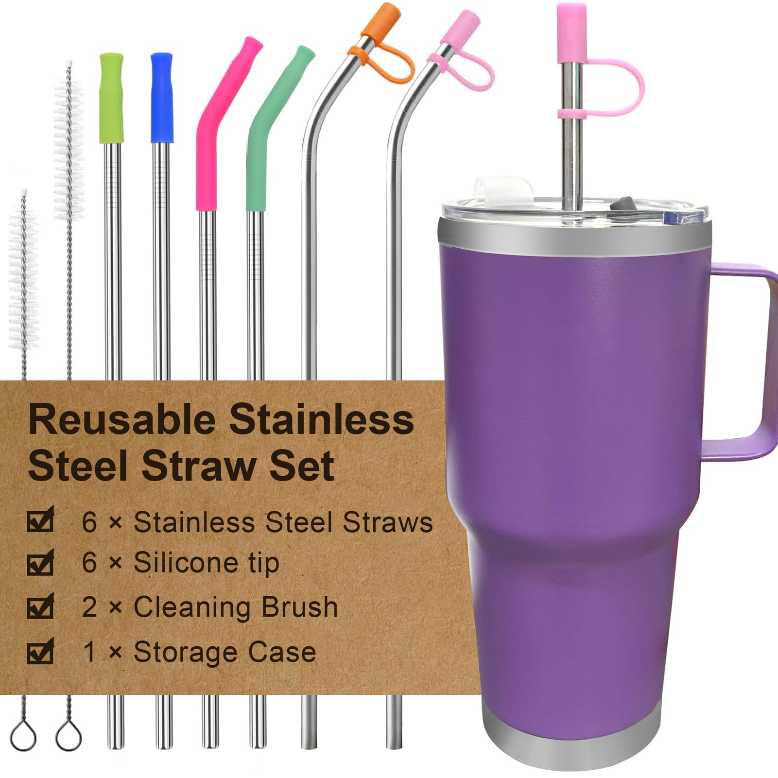 Reusable Stainless Steel Straws Set 6 PCS with 6 Silicone Tips, 2 Straw Brush, 1 Storage Case, Different Sizes of Metal Straws Reusable, Suitable for 14, 20, 30 oz Cups Tumbler, for Hot/Cold Drinks