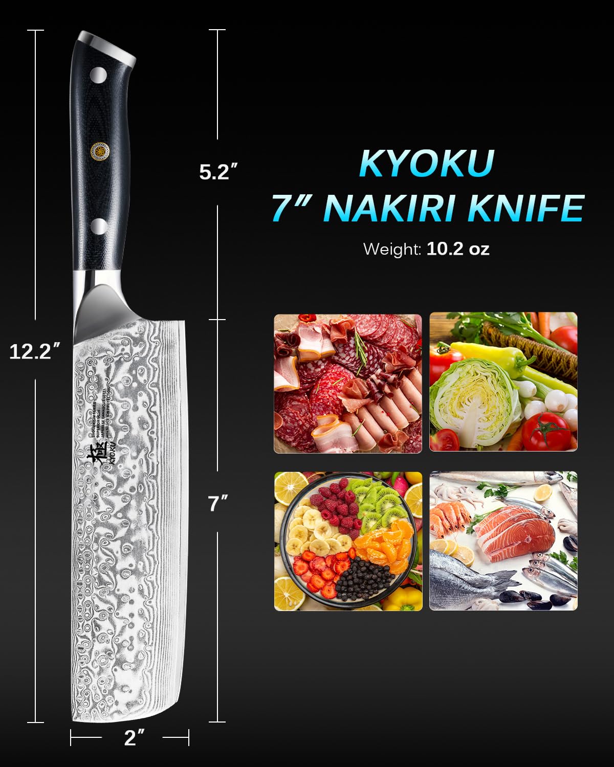 KYOKU 7" Damascus Nakiri Knife,UPGRADED Japanese Chef Knife with Silver Ion Coating,Ultra Sharp VG10 Stainless Steel Kitchen Vegetable Cutting Knives for Professional & Home Chefs Cooking Meat Cleaver