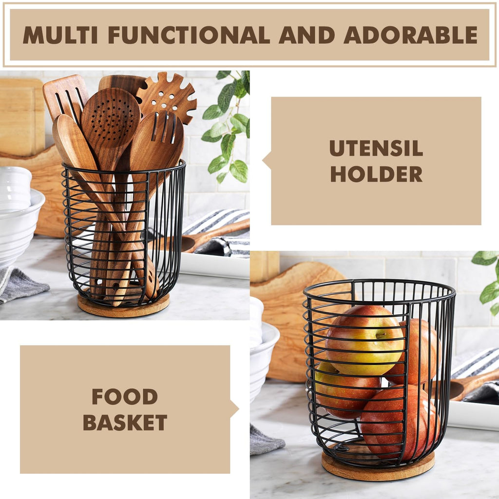 MosJos Coffee Pod Holder -Black Wire K Cup Storage with Wooden Base - Large Capacity Slim Design - Modern Coffee Basket Decor for Kitchen Countertop for Keurig Kcups & Espresso Capsules