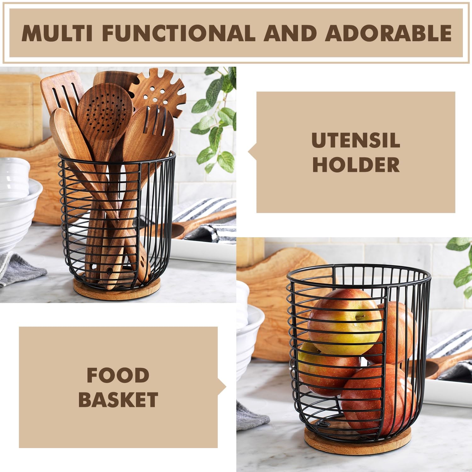 MosJos Coffee Pod Holder -Black Wire K Cup Storage with Wooden Base - Large Capacity Slim Design - Modern Coffee Basket Decor for Kitchen Countertop for Keurig Kcups & Espresso Capsules
