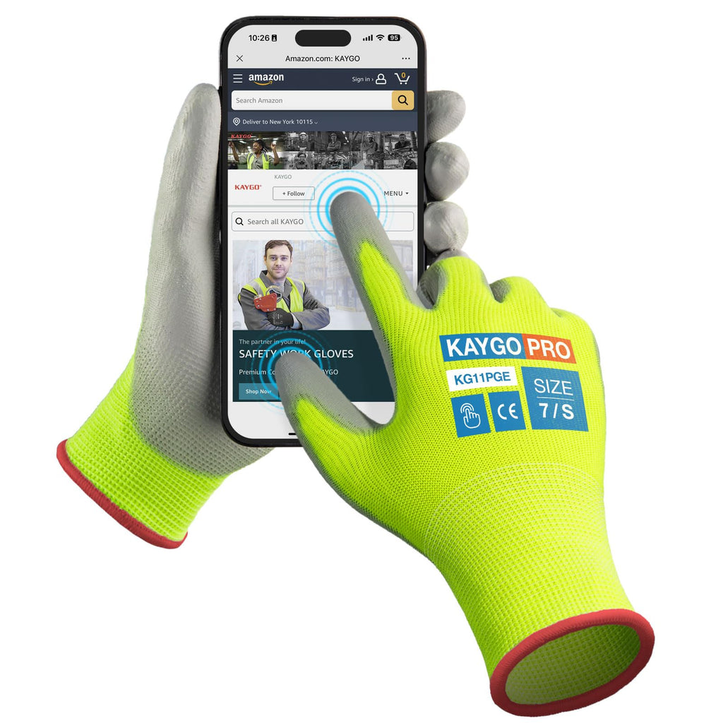 KAYGO Safety Work Gloves, PU Coated, 2-Finger Touchscreen, KG11P