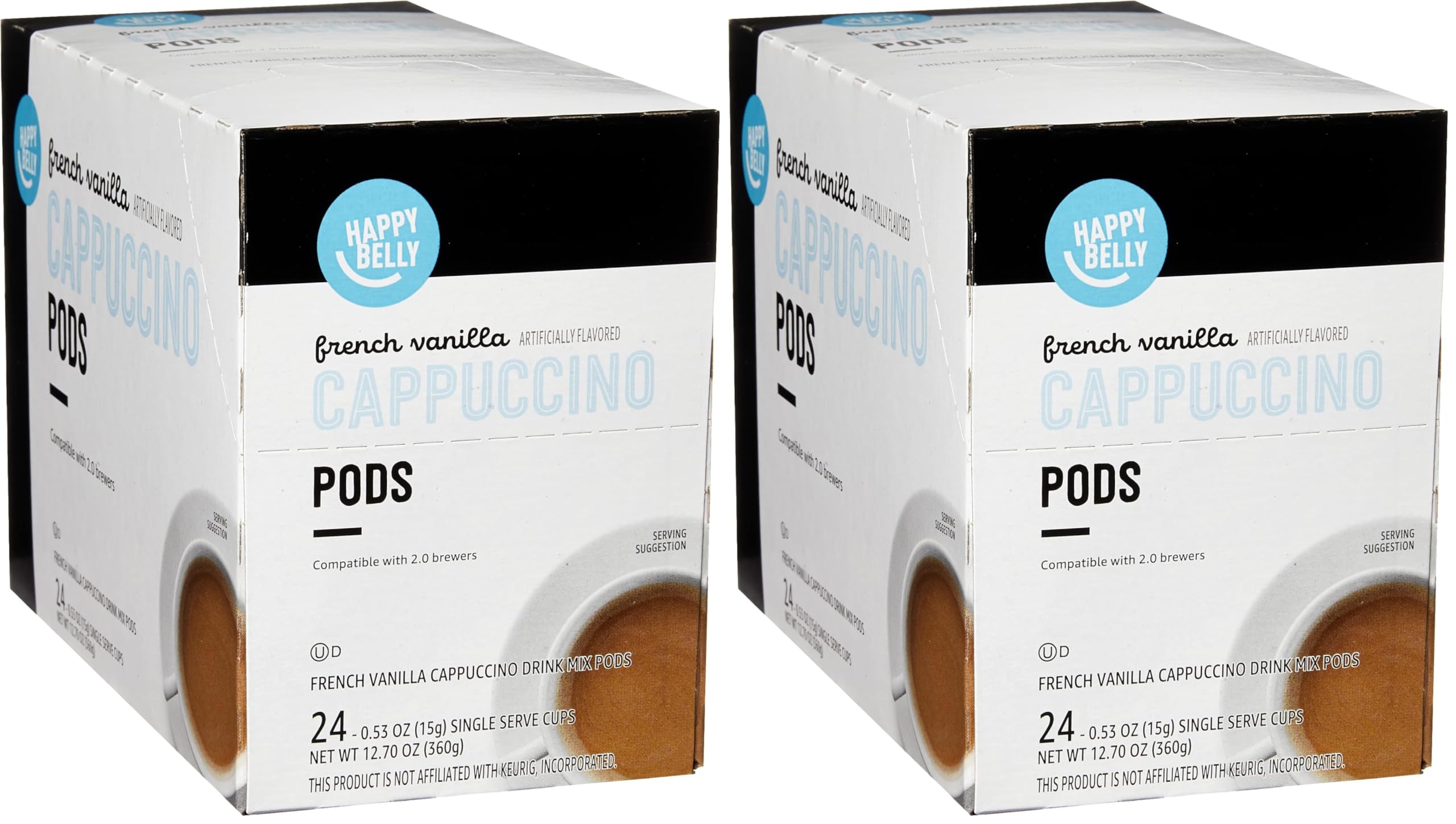 Amazon Brand - Happy Belly Cappuccino Coffee Pods Light Roast Compatible with 2.0 K-Cup Brewers,French Vanilla Flavored,1.5 pound,24 Count (Pack of 2)