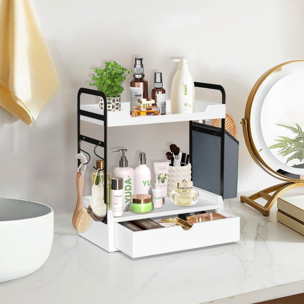 Coffee Station Organizer for Counter, Condiment Storage Caddy for Kitchen with Hooks and Bag,2 Tier Wooden Shelf for Coffee Bar Accessories,Coffee Bar Organizer for Kitchen, Home, Office-White