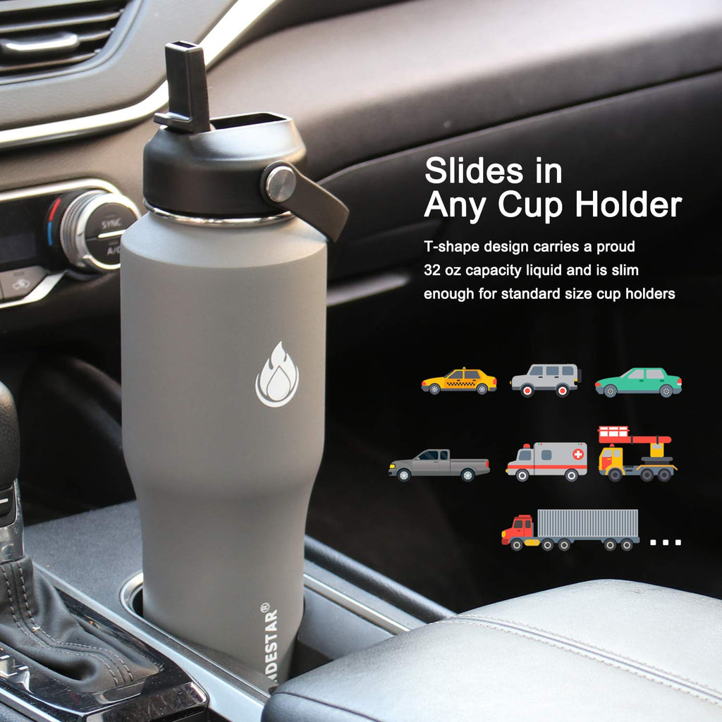 SENDESTAR Water Bottle 32oz,2 Lids(Straw lid),Wide Mouth Stainless Steel Vacuum Insulated Double Wall Keep Liquids Cold or Hot All Day,Sweat Proof Sport Design,Fit Car Cup Holder(Dark Gray)