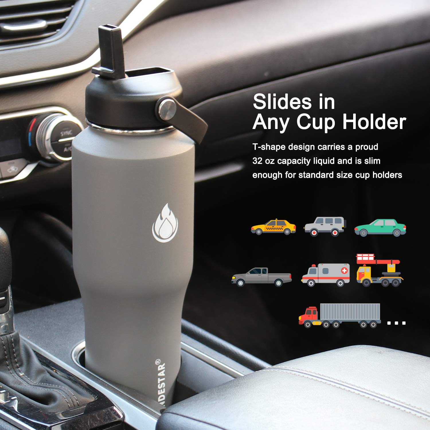 SENDESTAR Water Bottle 32oz,2 Lids(Straw lid),Wide Mouth Stainless Steel Vacuum Insulated Double Wall Keep Liquids Cold or Hot All Day,Sweat Proof Sport Design,Fit Car Cup Holder(Dark Gray)