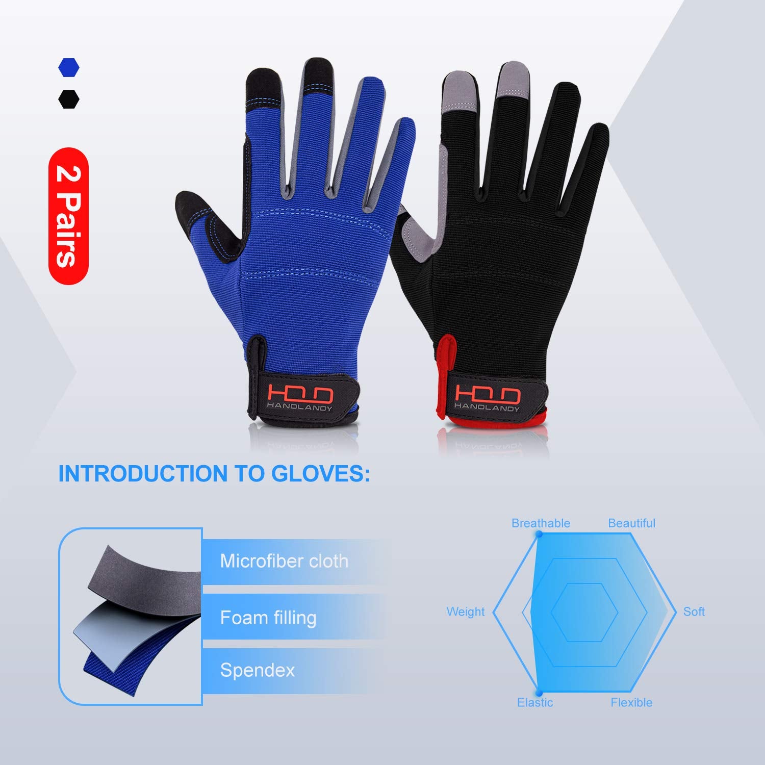 HANDLANDY Work Gloves for Men & Women, Utility Mechanic Working Gloves Touch Screen, Flexible Breathable Gardening Gloves for Yard Maintenance (X-Large, 2 Pairs Black&Blue)