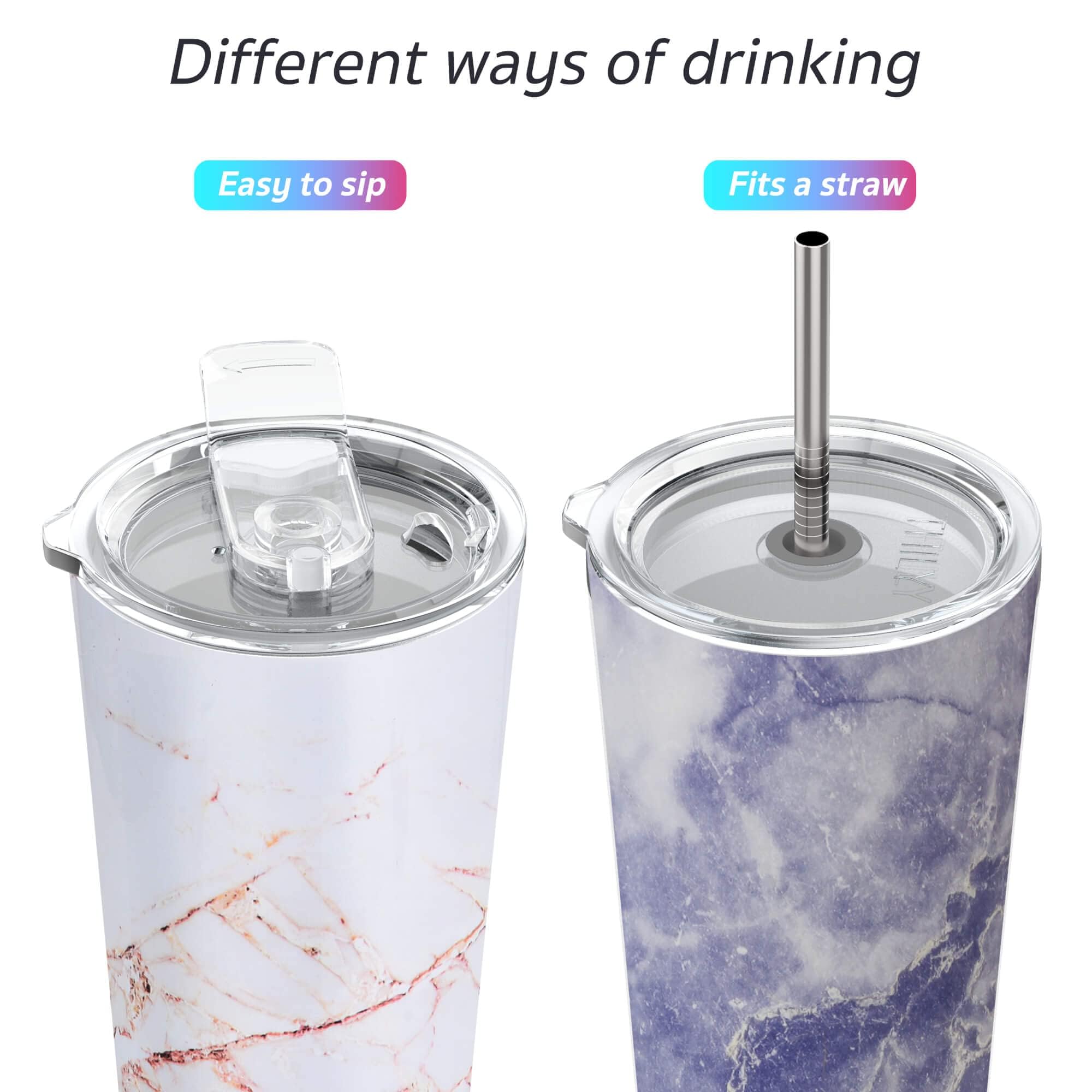 THILY Stainless Steel Vacuum Insulated Tumbler 26 oz Triple-Insulated Travel Mug with Splash-Proof Lid, for Iced Coffee and Hot Beverage, Gold Marble + Blue Marble