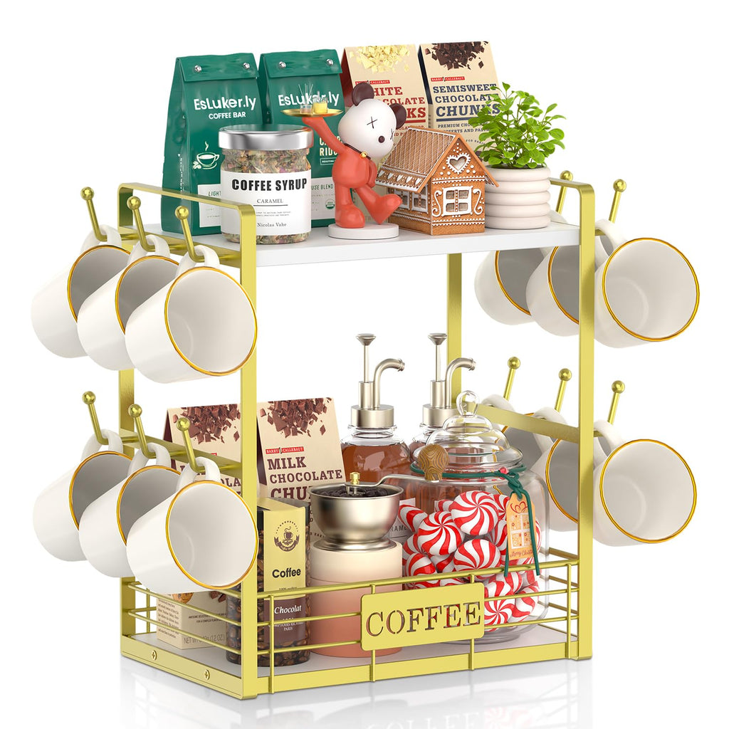 EsLuker.ly Coffee Mug Cup Holder Tree Bar Station Organizer, 2 Tier Gold